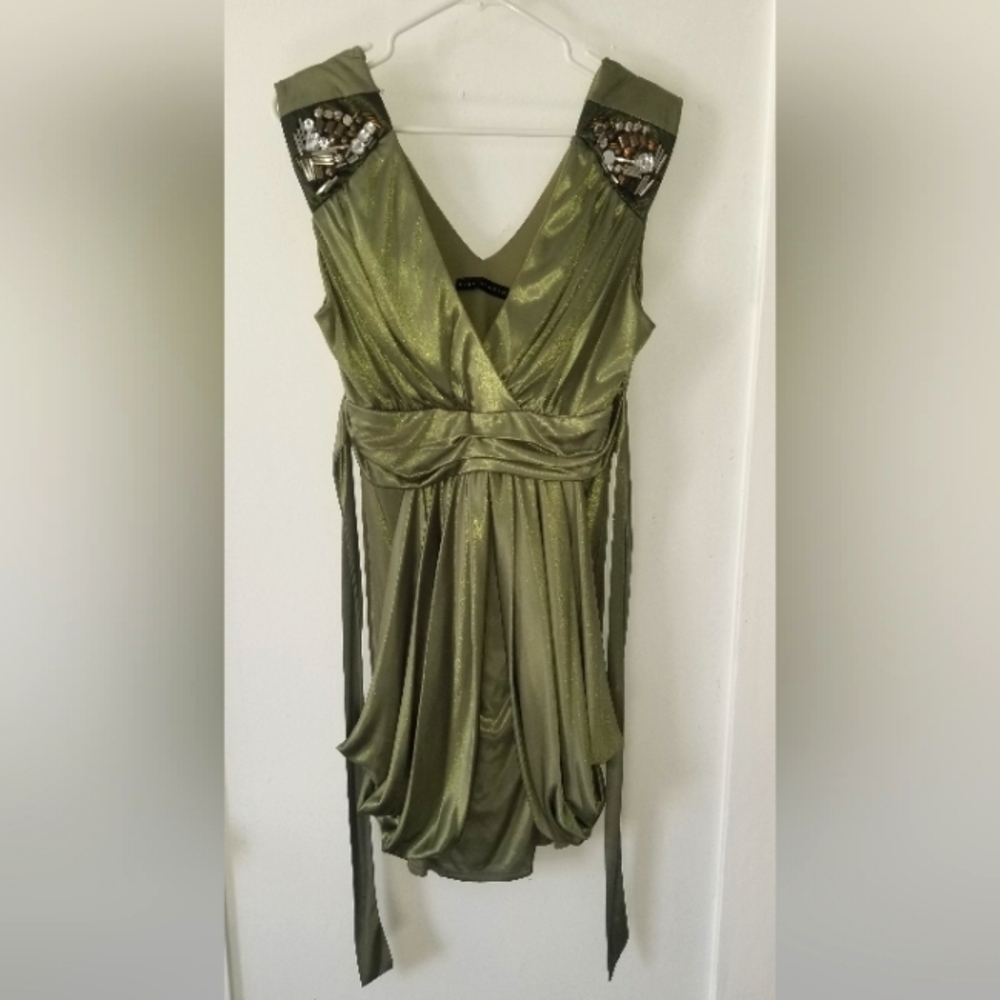 Macy's City Studio green soft satin dress with drape and gemstones